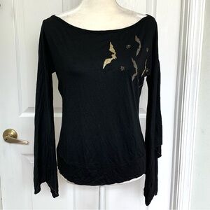 NWT Spicysugar Black with Gold Bats Slit Bell Sleeve Top Blouse Size 12AU